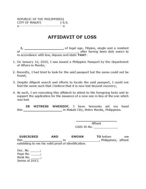 Affidavit of Loss: Republic of The Philippines) City of Talisay, .